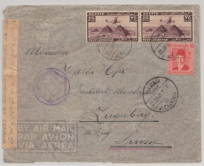Ägypten, 1945, 52 Mills MiF auf Luftpost- Auslandsbrief von Alexandria nach Zugerberg (?), CH, mit 2x Zensur