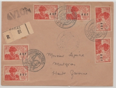 Frz. Senegal, 1935 /45, 2+3 Fr. (6x) als MeF auf Auslandsbrief von Dakar nach Mantgras (?, Fr.) rs. Transitstempel 1945?