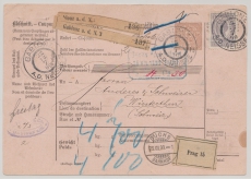 Österreich, 1899, 5 Kr.- Paketkarten- GS + 1 Gulden Zusatzfr., für 2 Auslandspakete von Gablonz nach Winterthur