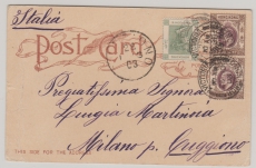 Hong Kong, 1903, 4 Ct. (Ausgaben-) MiF (!!!) auf Auslandspostkarte von Victoria / Hong Kong nach Milano (It.)