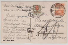 Mexiko, 1933, 5 Ct. EF + Schweizer Nachportomarke auf Auslands- Ansichtspostkarte von Mexico- City nach Le Locle (CH)