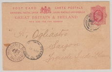 GB, 1902, 1 P.- GS- Karte, verwendet als Drucksachen- Fernpostkarte von Redditch nach Saigon (Indochina / Vn.)