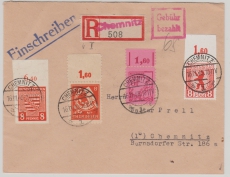 SBZ, 1945, Mi.- Nr.: 3A, 11, 70 + 96 (je vom OR), in MiF in Teilbarfrankatur auf Orts- Einschreiben innerhalb von Chemnitz