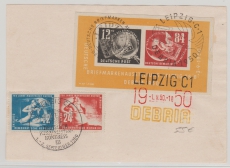 DDR, 1950, Bl. 7 u.a. auf Karte, mit 3 Debria- Stempeln, nicht gelaufen
