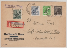 Berlin, 1948, Mi.- Nr.: 1, 4, 7 + 15 in MIF auf Einschreiben- Fernbrief von Berlin nach Grünstadt (?)