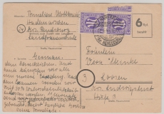 AM- Post, 1946, 6 Rpg.- Not- GS + 2x 3 Rpg. Am- Post als Zusatzfrankatur, als Fernkarte von Hademarschen nach Loosen