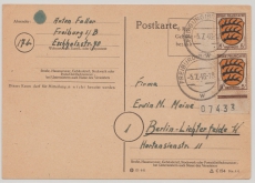 FRZ / Baden, Mi.- Nr.: 3 (2x), vom ER mit Bogennummer, als MeF auf Postkarte von Freiburg nach Berlin