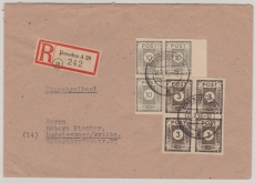 SBZ, Ost- Sachsen, 1945, Mi.- Nr.: 51 (4x) + 52 (3x) in MiF auf Einschreiben- Fernbrief von Dresden nach Ludwigsburg