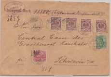 DR, 1900, Mi.- Nr.: 50 (4x), 55 + 56 (c ?) als 2- Ausgaben- (!!!) MiF, auf Wert- Fernbrief von Rostock nach Schwerin