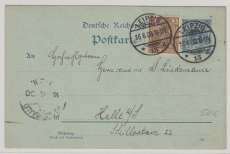 DR, 1900, 2 RPfg.- GS, + Mi.- Nr.: 54 als Zusatz als 2- Ausgaben- (!!!) MiF, als Fernpostkarte von Leipzig nach Halle