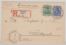DR, Germania 1912, Mi.- Nr.: 85 + 87 I als MiF auf Einschreiben- Fernpostkarte von FF/O nach Stuttgart
