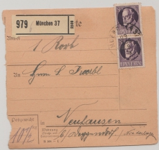 Bayern, 1919 (?), Mi.- Nr.: 103 (2x) als MeF auf Paketkartenabschnitt für ein Paket von München nach Neuhausen