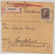 Bayern, 1918, Mi.- Nr.: 104 als EF auf Paketkartenabschnitt für ein Paket mit Einschreiben von Nürnberg nach Landshut