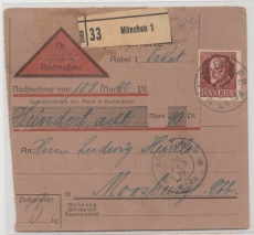 Bayern, 1919, Mi.- Nr.: 101 als EF auf Paketkartenabschnitt für ein Nachnahme- Paket von München nach Moosburg