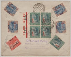 Saargebiet, 1922, Mi.- Nr.: 70 (5x, 2 vom OR), 71 (4x) + 73 rs. als MiF auf Einschreiben- Fernbrief von Homburg nach Zwickau
