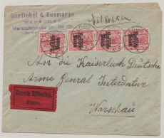 Dt. Post in Polen, 1916, Mi.- Nr.: 3 (4x) als MeF auf Eilboten- Fernbrief von Lodz nach Warschau