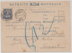 Schweiz, 1901, 12 Rp. Innendienstmarke als EF auf Einzahlquittung der Rentenkasse, von Genf nach Coppet! Selten!