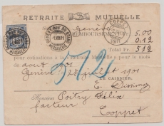 Schweiz, 1901, 12 Rp. Innendienstmarke als EF auf Einzahlquittung der Rentenkasse, von Genf nach Coppet! Selten!