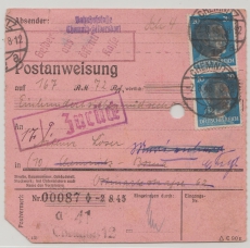 20 Rpfg.- AH- Überdruck, Mi.- Nr.: AP 791 I (3x), als MeF auf Zahlkarte für einen Zahlbetrag innerhalb von Chemnitz