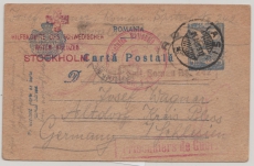 Rumänien, 1917, Rum. 5 ...- GS, als Dt.- Kriegsgefangenenpost von Lasi via Schwed. Rotes Kreuz nach Altdorf, mit Zensur