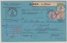 Württemberg, 1886, Mi.- Nrn.: D 45, 48 + 51 in MiF auf Auslandspaketkarte (!), für 1 Paket von Ebingen nach Schaffhausen (CH)
