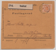 Krone / Adler, 1894, Mi.- Nr.: 49 als EF auf Paketkartenstammteil, für 1 Paket von Radolfzell nach Mülhausen!