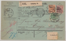 Krone / Adler, 1894, Mi.- Nr.: 46, 49 + 50 als MiF auf Auslands- Paketkarte, für 1 Paket von Leipzig nach Engi (CH)
