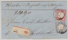 DR- Brustschilder, 1872, Mi.- Nr.: 4 + 5 als MiF auf Paketbegleitbrief, von Rheine nach Lübecke