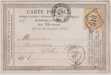 Frankreich, 1875, 15 Ct. EF auf Fernpostkarte von Bohain nach Lilliers