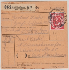 BRD, 1954, Mi.- Nr.: 137 als EF auf Paketkartenstammteil für 1 Paket von Groß Lafferde nach Niedersachswerfen