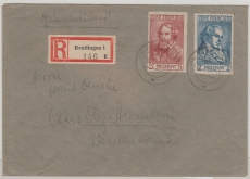FRZ / Allgem. Ausgaben, 1946, Mi.- Nrn.: 12 + 13, in netter MiF auf Einschreiben- Fernbrief von Reutlingen nach Duisburg