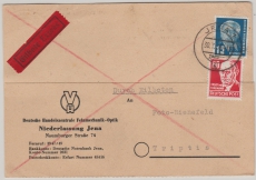 DDR, 1953, Mi.- Nr.: 323 + 340 als MiF auf Eilboten- Fernpostkarte von Jena nach Triptis