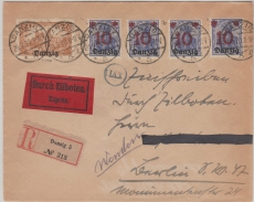 10 + 17 (4x), in MiF auf Eilboten- Einschreiben- Fernbrief von Danzig nach Berlin, gepr. Infla