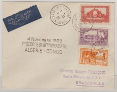 Algerien / Congo, 1938, 2,15 Alg,. Fr. + 2 Congo- Fr. als MiF auf Erstflugbeleg von Algier- Garre nach Brazaville (Congo)