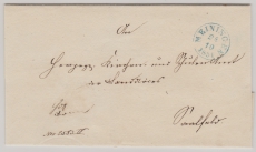 T. + T., 1851, Vorphila- (Dienst ?) Fernbrief von Meiningen (vs. K1 in blau mit Jahr) nach Saalfeld (rs. kleiner K1 in blau, mit Jahr)