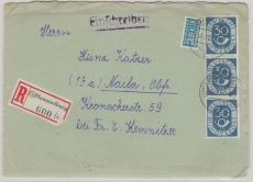 BRD, 1954, Mi.- Nr.: 132 (3x), als MeF auf Einschreiben- Fernbrief von Hammelburg nach Naila