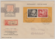 DDR, 1950, Mi.- Nr.: Bl. 7 u.a. in EF auf FDC- Einschreiben- Fernbrief von Leipzig nach Füsing, mit 2 div. DEBRIA-Stempeln