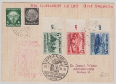 DR 295- 97, u.a., zur Deutschlandfahrt 1939, per LZ 130, Landung in Leipzig, auf Postkarte nach Aschaffenburg