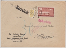 FRZ- Württemberg, 1949, Mi.- Nr.: 50 als EF (mit Nachgebühr) auf Fernbrief von Schömberg nach Speyer und zurück