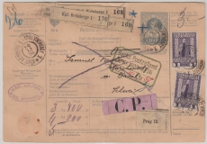 Österreich- Ungarn, 1908, 1 Kr. (3x, 2x vs. + 1x rs.) auf Auslands- Paketkarte für 3 Pakete von Kgl. Weinberge nach Basel (CH)