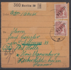 Berlin, 1948, Mi.- Nr.: 14, (2x) als MeF (!) auf Paketkartenstammteil für 1 Paket von Berlin nach Sillium, sehr selten!