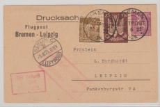 DR / Infla, 1923, Luftpost- Drucksachen- Privat- GS- Postkarte, mit ZS- Frankatur, von Bremen, via Berlin nach Leipzig