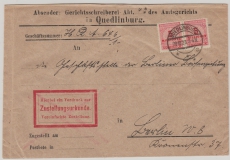DR, Hochinflation, 1923, Mi.- Nrn.: 317 A als MeF auf Fernbrief mit Zustellungsurkunde von Quedlienburg nach Berlin