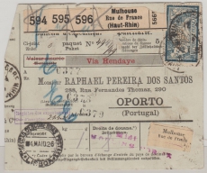 Frankreich, 1926, 34,80 Fr. MiF (vs. + rs.) auf Paketkartenstammteil für 3 Auslandspakete nach Oporto (Portugal)