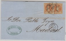Spanien, 1860, 4 Cuartos (2x) als MeF auf Fernbrief von Cadiz nach Madrid