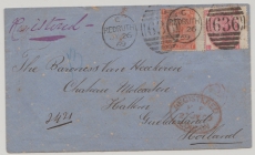 GB, 1869, 3P. + 4 P. in MiF auf Auslandseinschreiben von Redruth nach Chateua Moleckaten, Hattem (?) (Holland / NL)
