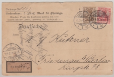 DR, 1906, Mi.- Nr.: 84I + 86I in MiF auf Nachnahme- Ferndrucksachen- Postkarte (!) von Hamburg nach Friedenau (b. Berlin)