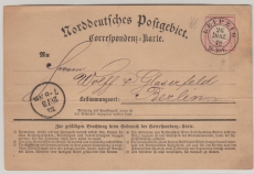 DR- Brustschilder, 1872, Mi.- Nr.: 4 als EF auf Fernpostkarte, von Leipzig (netter AD- Stempel!) nach Berlin