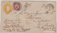 Preußen, ca. 1858, 3 Sgr.- GS- Umschlag mit 1x Nr. 6 als Zusatzfrankatur, auf Wert- Fernbrief von Neuwedel nach Bernau