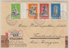 Schweiz, 1940, Mi.- Nrn.: 364- 67 als Satz- MiF Einschreiben- Auslandsbrief von Zürich nach Friedrichshafen, + Zensur